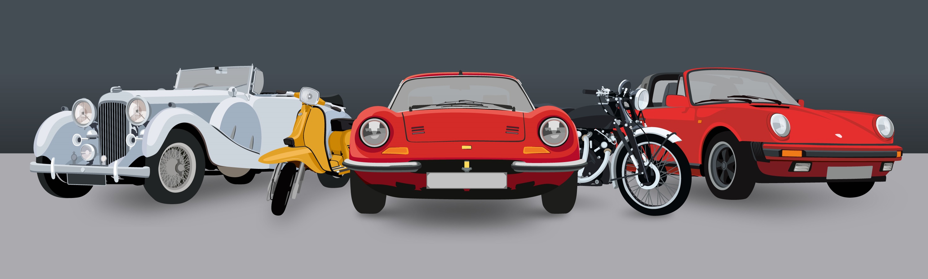 An illustration of a classic Lagonda, a Lambretta scooter, a Ferrari, a Vincent motorcycle and a Porsche