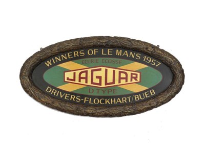 Lot 324 - A Large Hand-Painted '1957 Le Mans Ecurie Ecosse D-Type Jaguar' Commemorative Oval Plaque