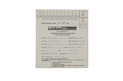 Lot 330 - Lombard RAC rally 19-23 Nov 1978 Competitor Identification Card