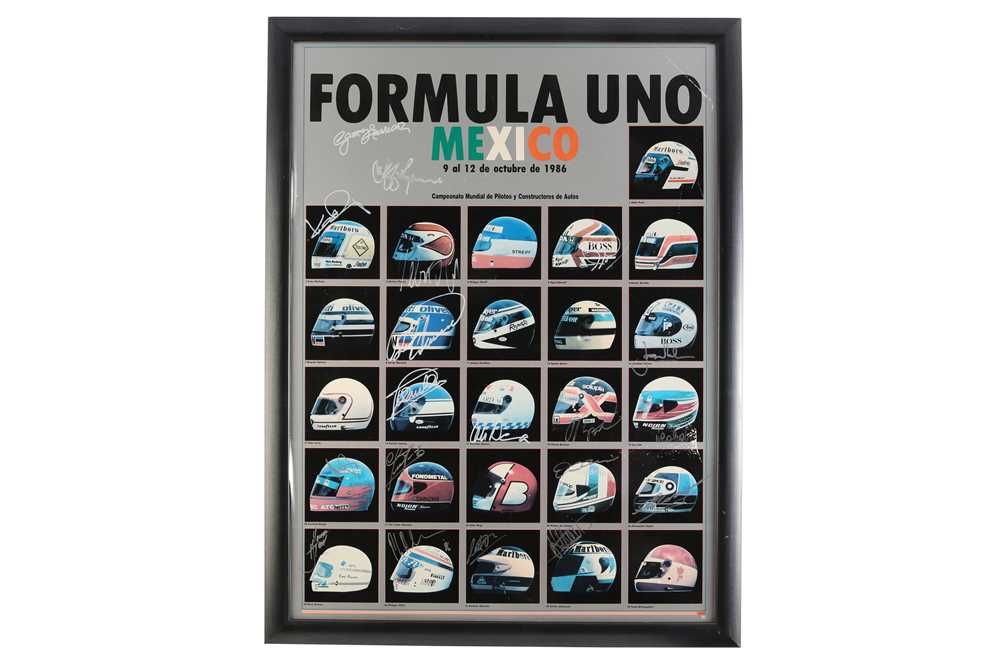 Lot 404 - 1986 Mexican Grand Prix Poster, Signed by George Harrison, Jeff Lynne and a Number of Competitors