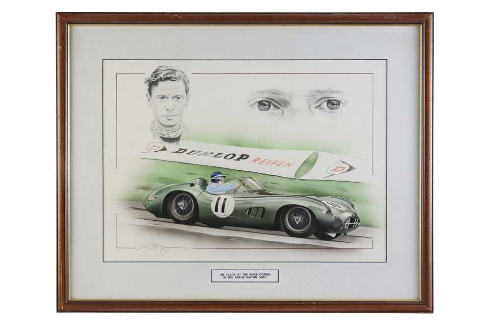 Lot 646 - Jim Clark at the Nurburgring - Aston Martin DBR1 - An Original Mixed Media Artwork by Chris Dugan