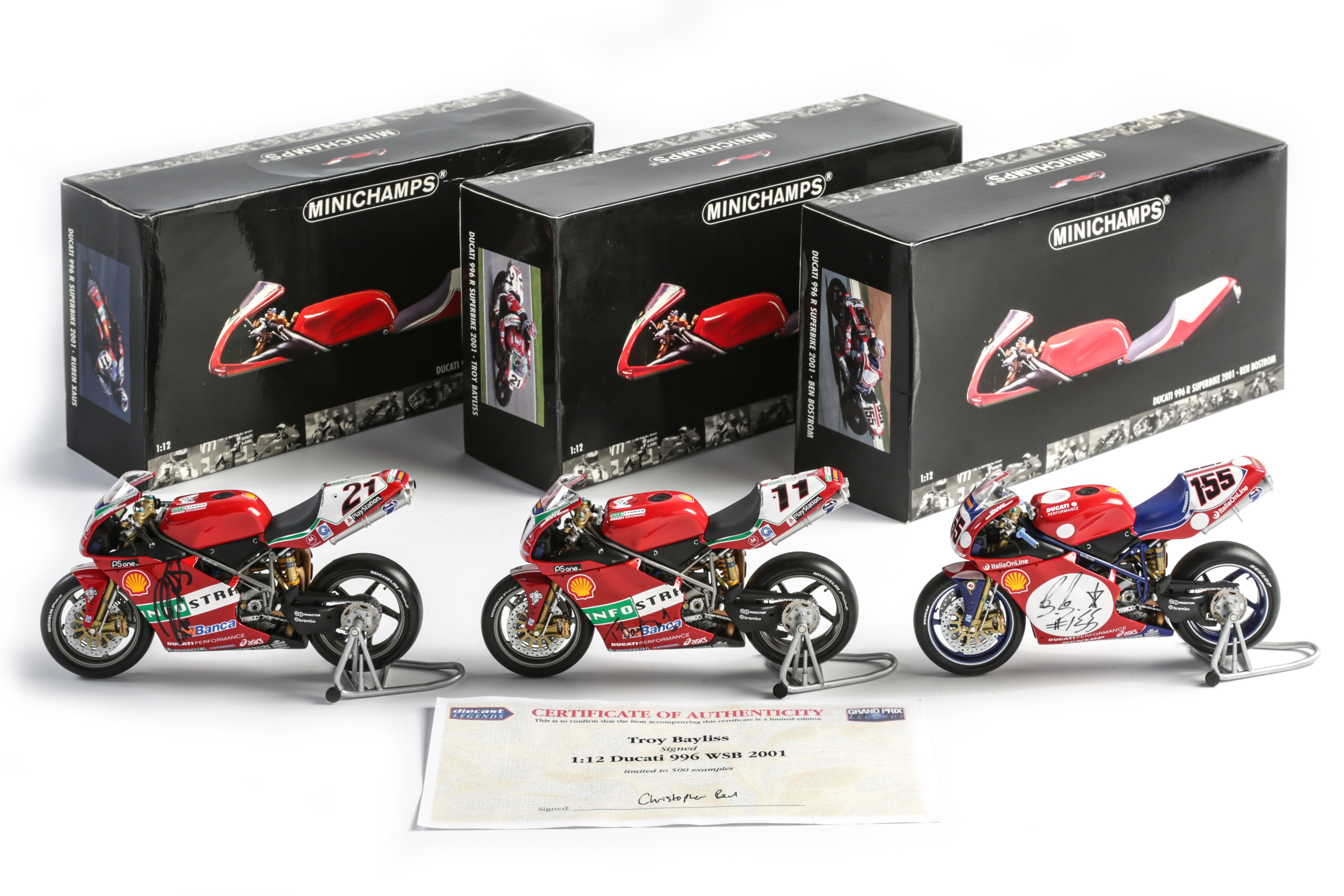 Lot 657 - Three Signed 1:12 Scale Ducati 996R