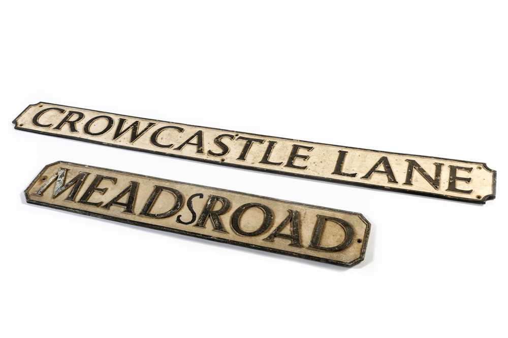 Lot 693 - Two Cast Aluminium Road Signs – ‘Crow Castle Lane’ and ‘Mead Road’