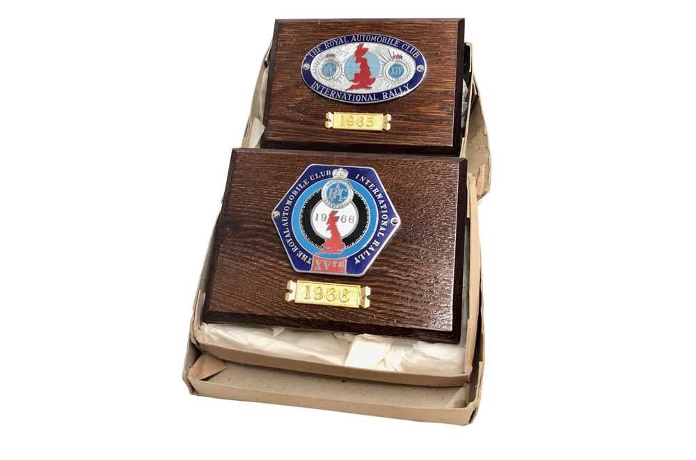 Lot 136 - Two RAC International Rally Mounted Rally Competitor Award Badges
