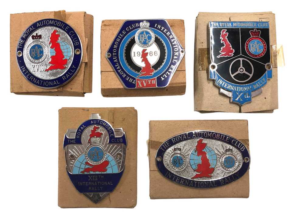 Lot 137 - Five Boxed RAC International Rally Competitor Badges