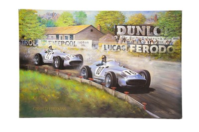 Lot 419 - Gerald Freeman Giclee Canvas Print, Depicting Moss and Fangio at the 1955 British Grand Prix (Aintree)