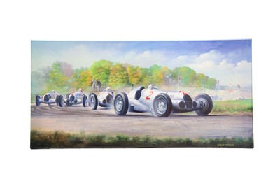 Lot 420 - Gerald Freeman Giclee Canvas Print, Depicting the Mercedes-Benz GP Cars at Donington Park