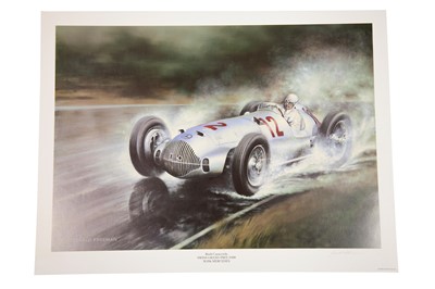 Lot 422 - Gerald Freeman Artwork Print, Depicting Caracciola at 1938 Swiss Grand Prix