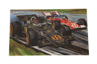 Lot 524 - Lotus vs Ferrari Original Formula One Artwork by Chris Smith, Dated March 1972
