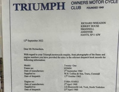 Lot 227 - 1962 Triumph T100