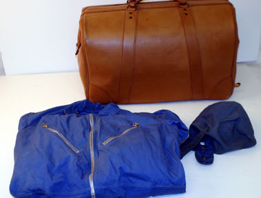 Lot 912 - Bert HadleyS Race Overalls, Cloth Cap & Travel Bag