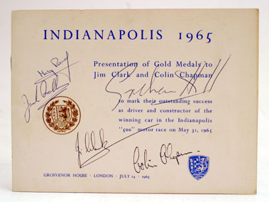 Lot 814 - Jim Clark & Colin Chapman Signed B.A.R.C Indianapolis Presentation