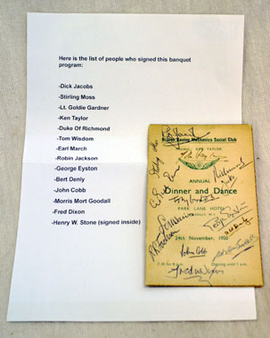 Lot 408 - 1950 dinner-dance menu signed by 14 racing personalities