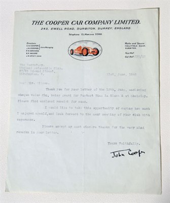 Lot 601 - John Cooper Signed Letter