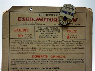 Lot 303 - A 'Singer' Motor Exhibition Staff Badge