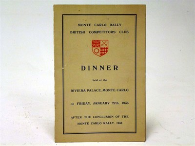 Lot 304 - 1933 Monte Carlo Rally 'British Competitor's Club' Signed Menu