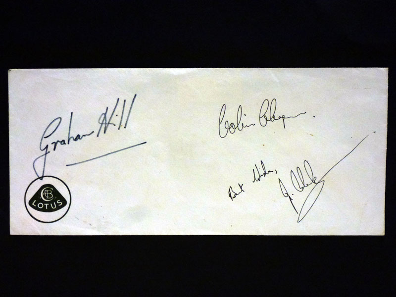 Lot 161 - Original Lotus 'Factory' Envelope - Signed by Jim Clark, Graham Hill and Colin Chapman